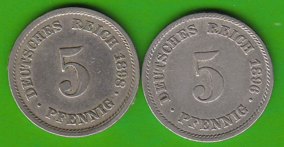 Kaiserreich 5 Pfennig 1896 F 1898 F 2 Münzen VF MA Shops