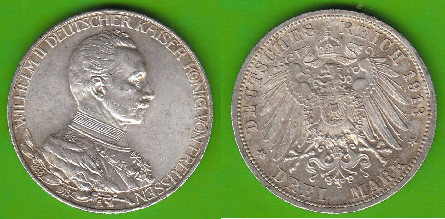 Preußen 3 Mark 1913 Wilhelm II 1888 1918 Regierungsjubiläum hübsch