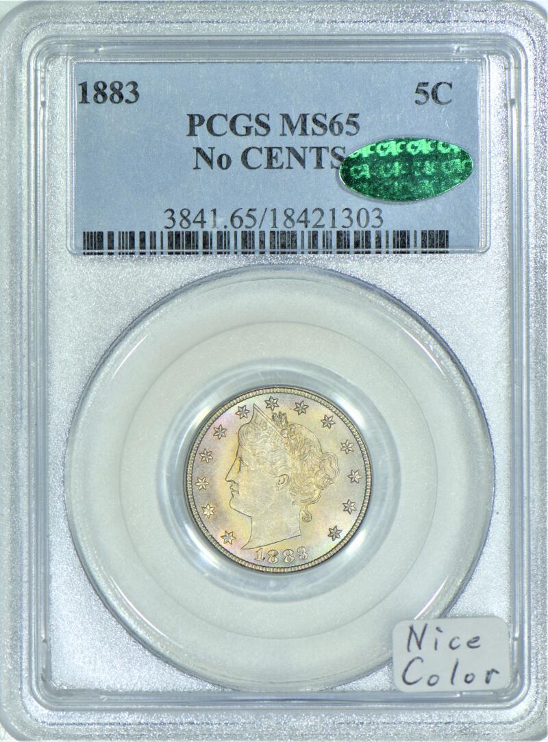 USA 1883 No CENTS Liberty Nickel PCGS CAC MS 65 Nice Color MA Shops