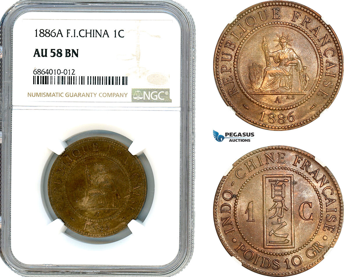 French Indo China 1 Centime 1886 NGC AU58BN MA Shops