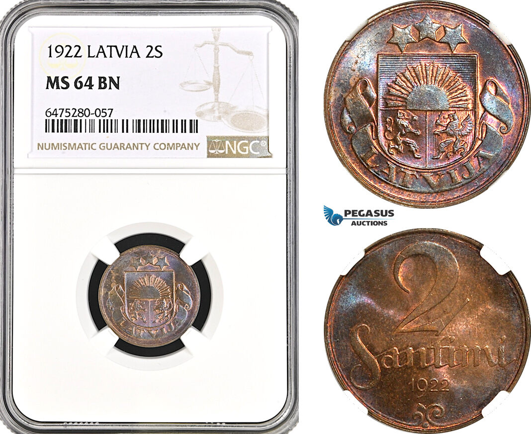 Latvia 2 Santimi 1922 NGC MS64BN MA Shops