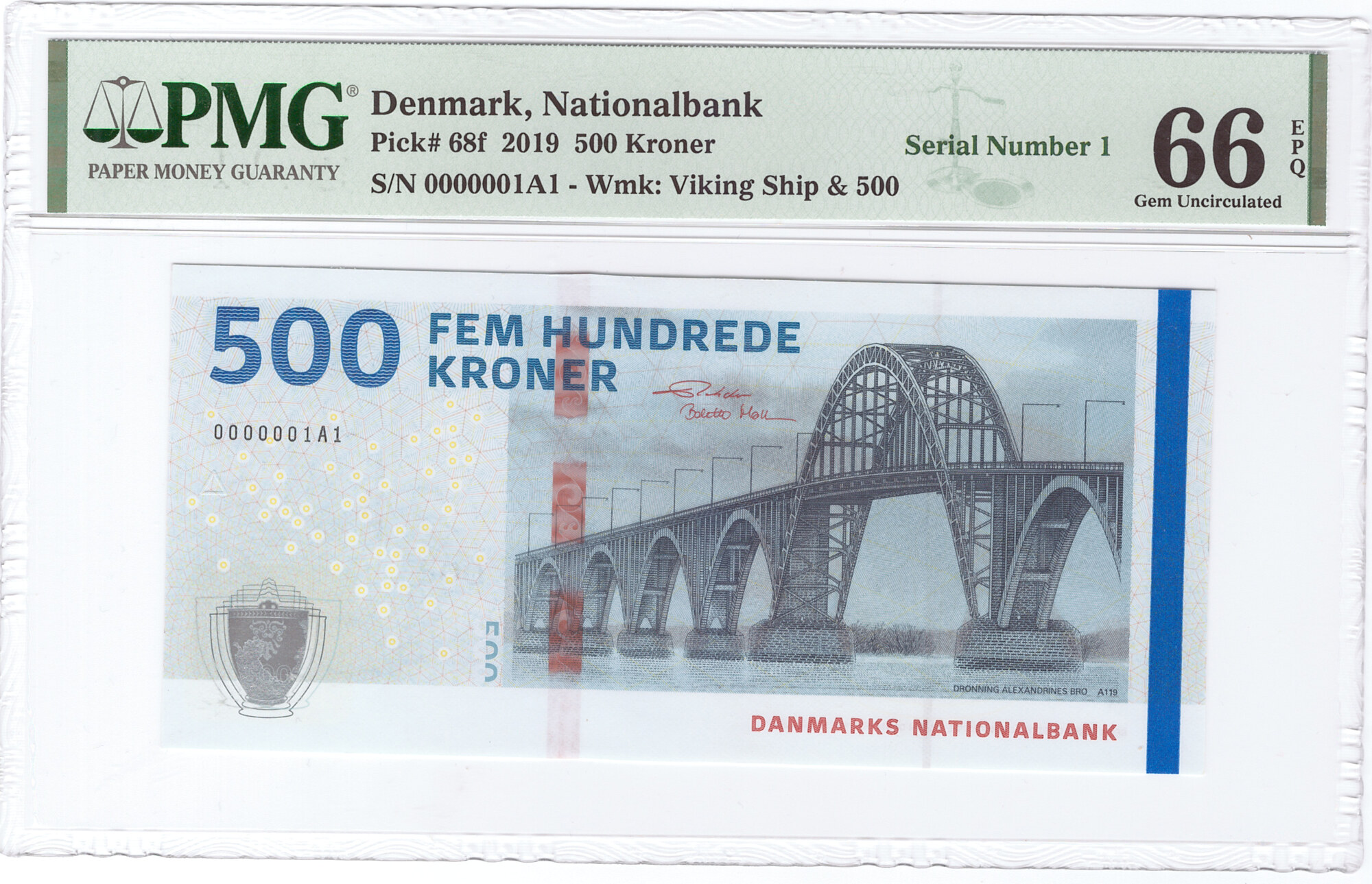 Denmark 500 Kroner NUMBER 1 2019 PMG 66 MA Shops