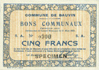 FRENCH EMERGENCY NOTES Bauvin (59). Commune. Billet. 5 francs 11.3.1915, SPECIMEN