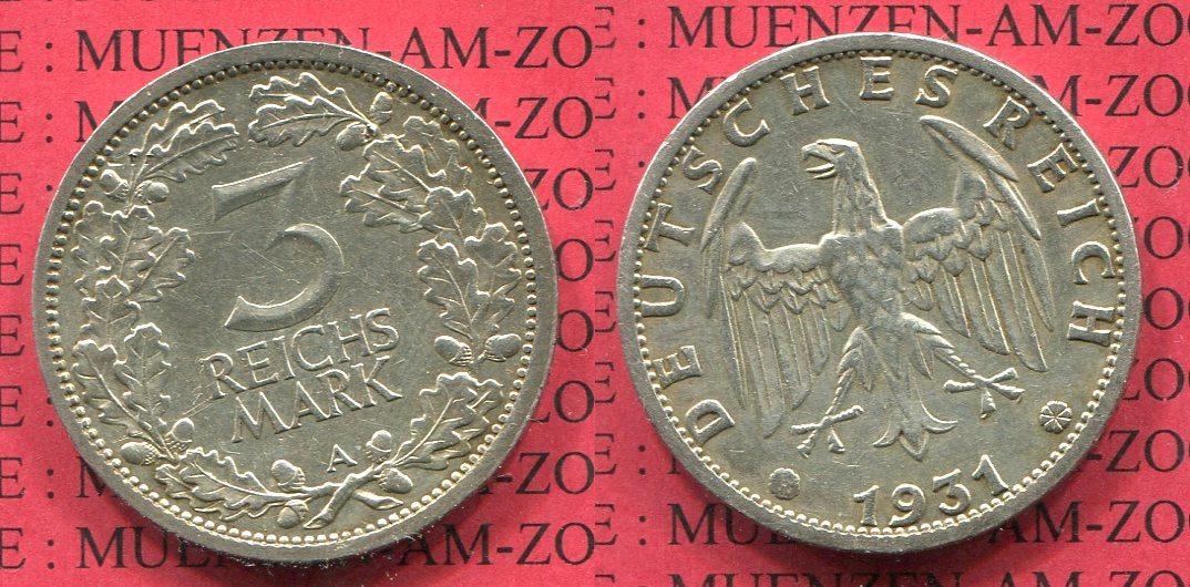 Weimarer Republik Deutsches Reich 3 Mark Kursmünze Silber Weimarer