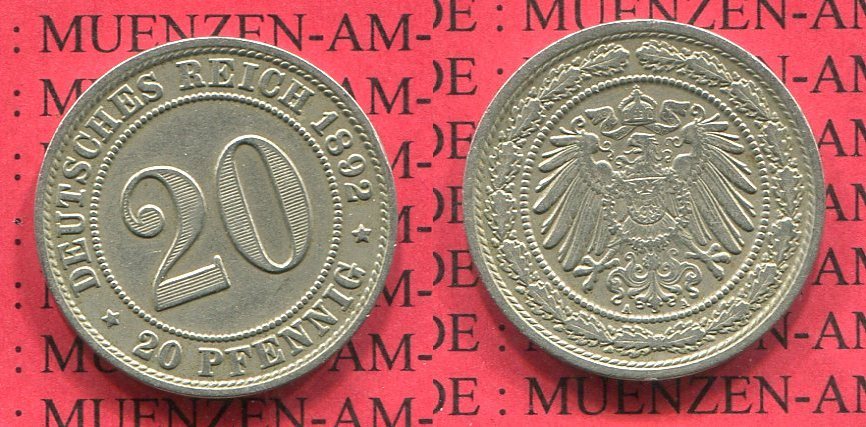 Kaiserreich German Empire 20 Pfennig Kursmünze 20 Pfennig Cu Ni 1892 A