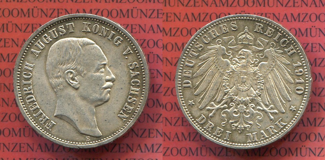 3 Mark Silbermünze Sachsen 3 Mark 1910 Friedrich August III Kursmünze