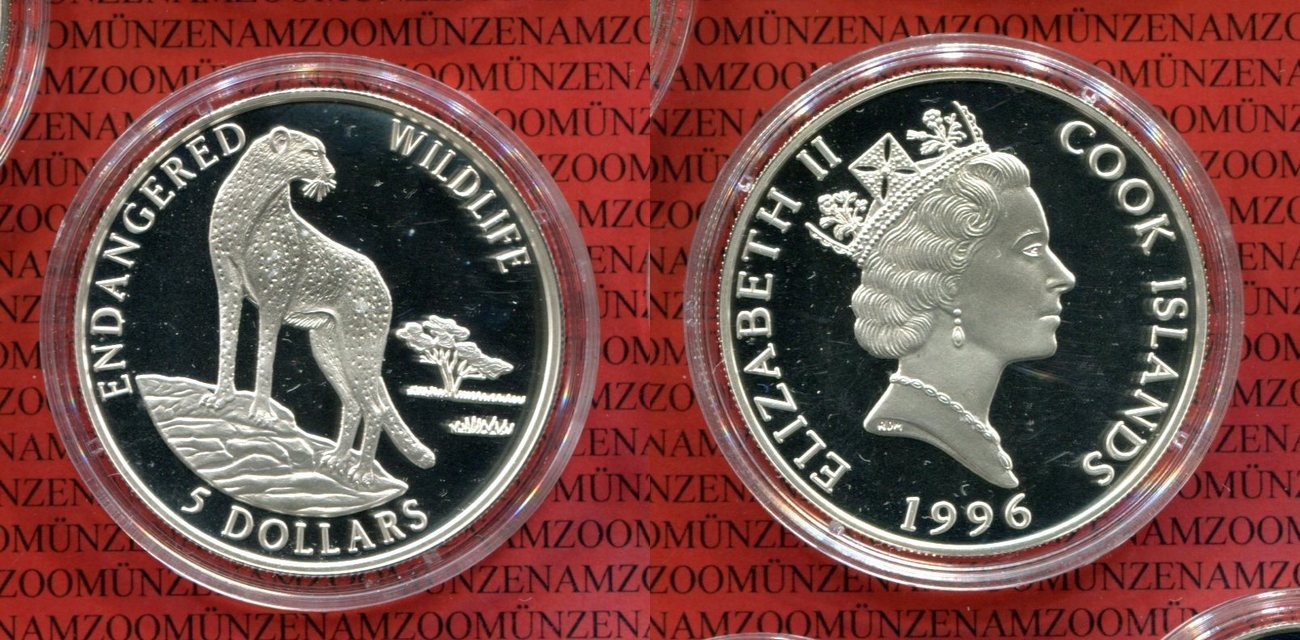 Cook Islands 5 Dollar Silber 1992 Endangered Wildlife Gepard Pp In