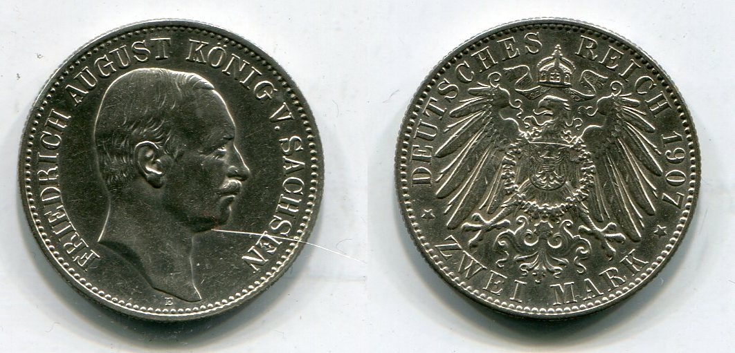 Sachsen Saxony German Empire 2 Mark 1907 Friedrich August Kursmünze