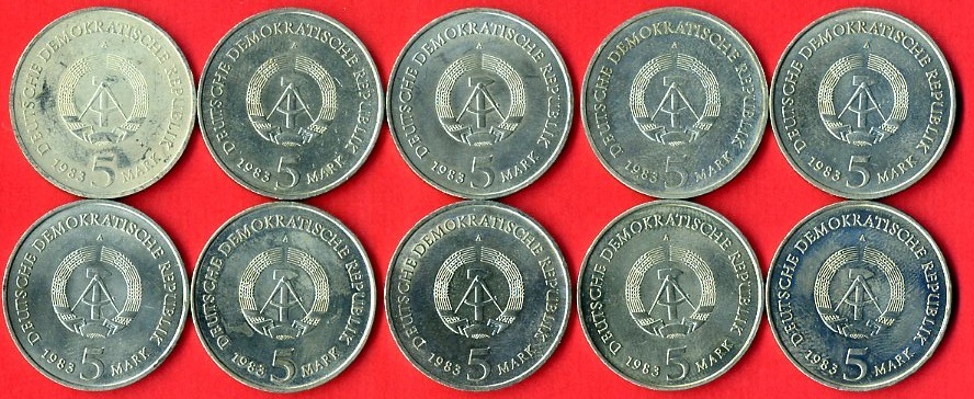 10 x 5 mark lot 1983 ddr gedenkmünzenlot für die schlokirche