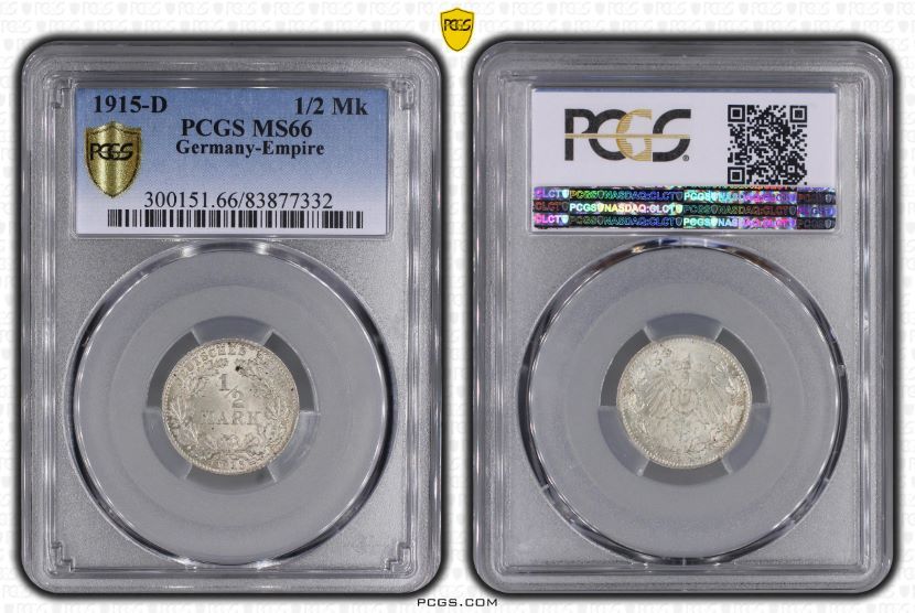 Germany Empire Deutsches Kaiserreich 1 2 Mark 1915 D Kursmünze PCGS