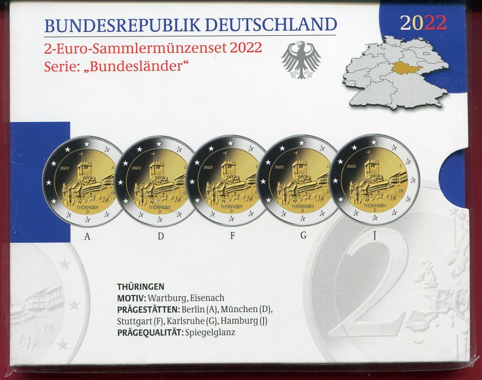 BRD 5 x 2 Euro Gedenkmünzen 2022 A D F G J Serie Bundesländer