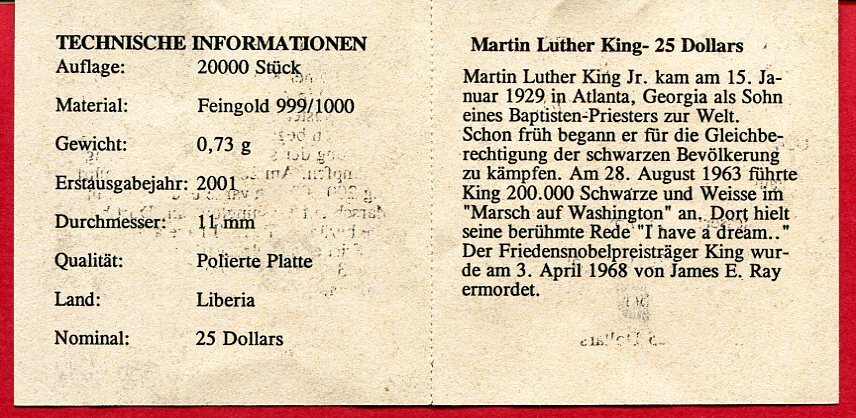 Liberia Dollars Minigoldm Nze Martin Luther King Proof In