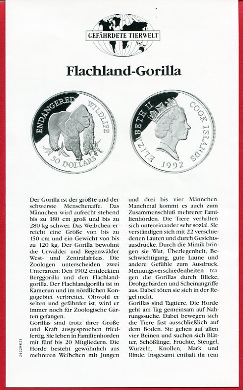 Cook Inseln 50 Dollars Silbermünze 1992 Flachland Gorilla Gefährdete