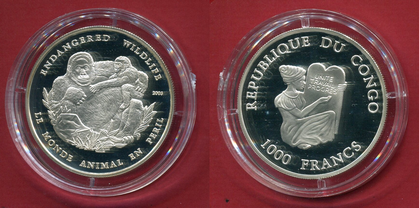 Kongo 1000 Francs Silbermünze 2003 Tieflandgorilla Gefährdete