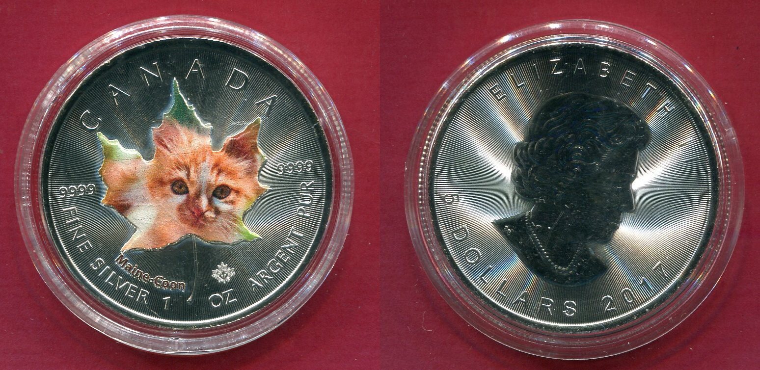 Kanada 5 Dollars Silbermünze 2017 Maine Coon m Farbapplikation BU in