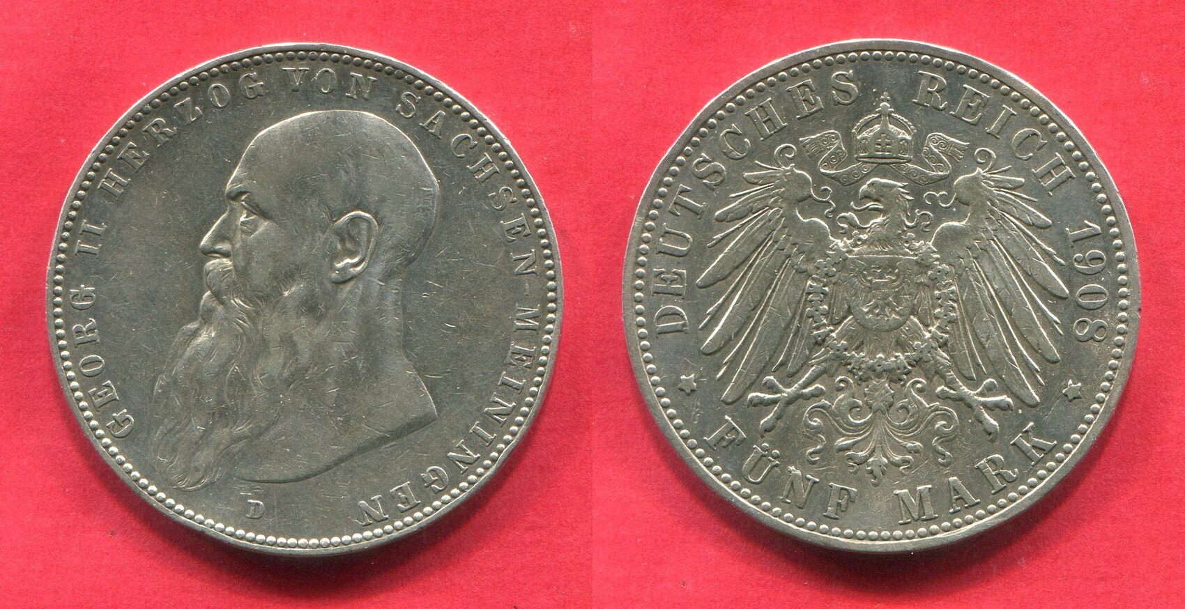 Sachsen Meiningen 5 Mark Silbermünze 1908 Georg II Bart nicht bis