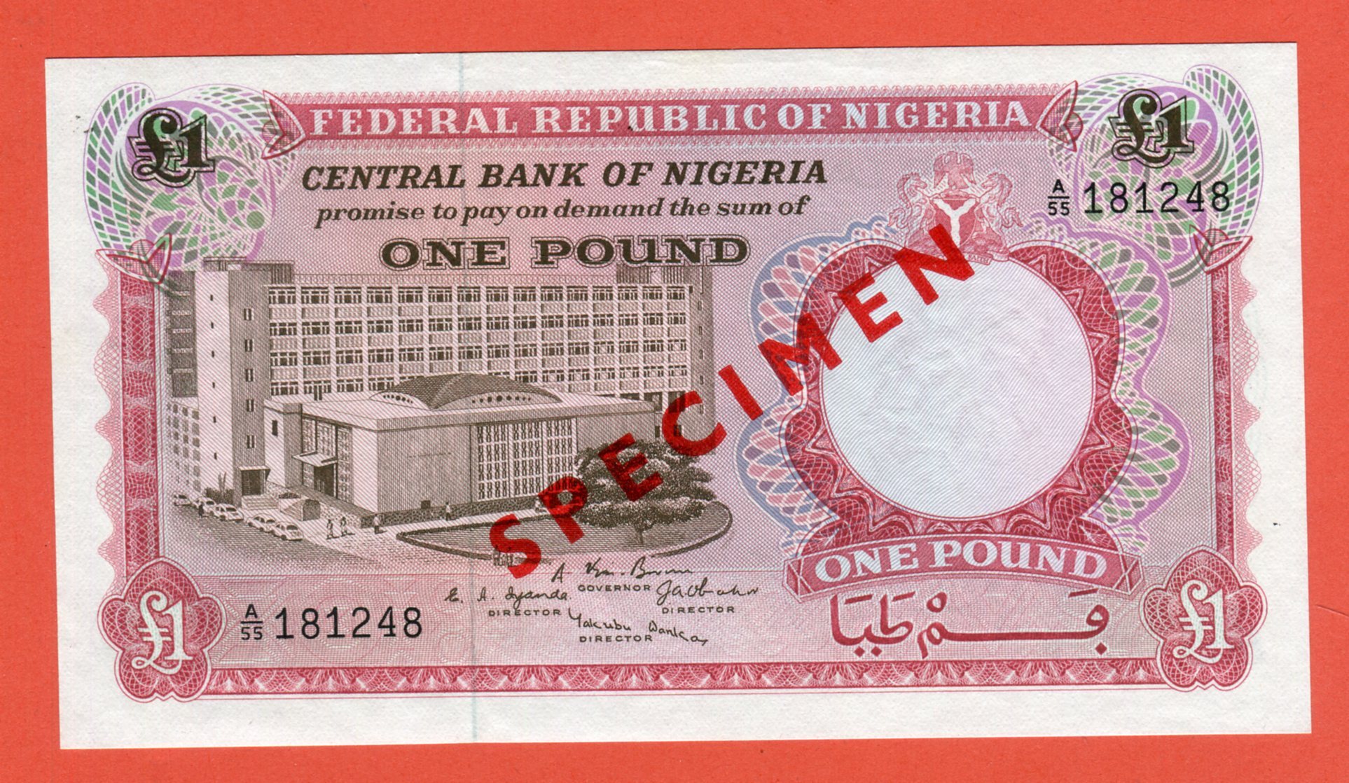 Nigeria 1 Pound 1 Pfund 1967 Specimen Banknote USA Uncirculated MA