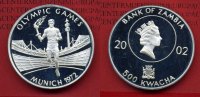 Sambia, Zambia 500 Kwacha Silbermünze Sambia 500 Kwacha 2002 Olympiade Fackelläufer München 1972