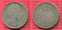 Kaiserreich Bayern, Bavaria 5 Mark Silber Kursmünze Bayern 5 Mark 1876 D, König Ludwig II. Silber