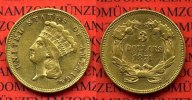 USA 3 Dollars Indian Princess Head USA 3 Dollar Indianerprinzessin Sehr seltener Typ 1874 Kursmünze Gold
