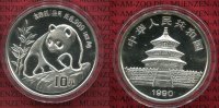 China Volksrepublik PRC 10 Yuan Panda 1 Unze Silber China Panda 10 Yuan 1990 1 Unze Silber Stempelglanz Small Date 1 ohne Fuss