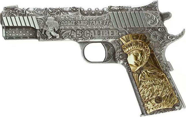 45 CALIBER PISTOL HANDGUN Gilded 2 Oz Silver Coin 10000 Francs Chad