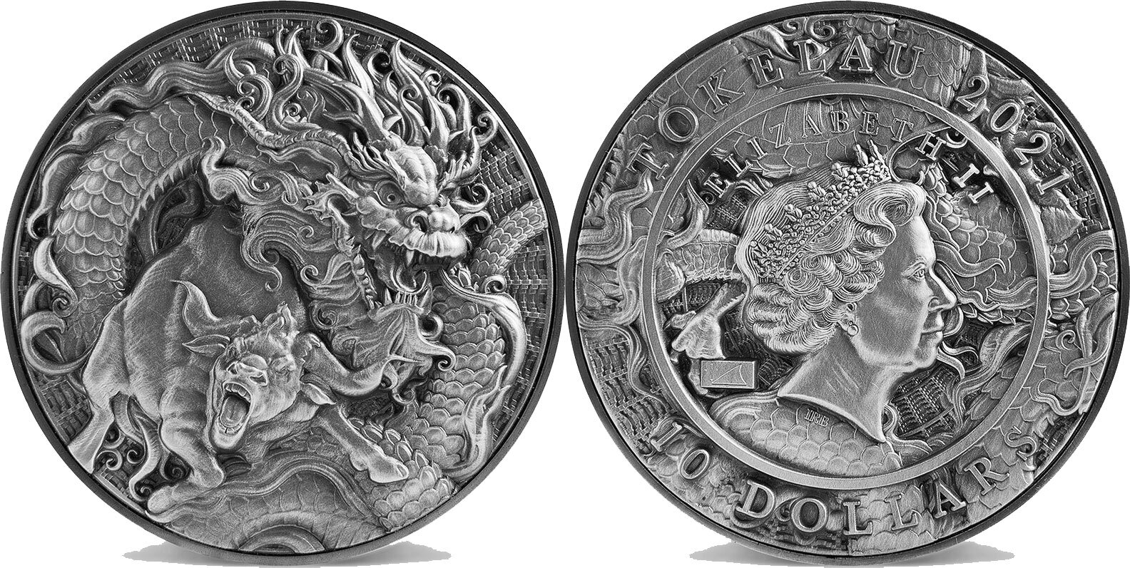 10 Dollars CHINESE DRAGON AND OX 2 Oz Silver Coin 10 Tokelau 2021