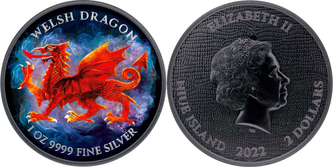 2 Dollars WELSH DRAGON Black Platinum 1 Oz Silver Coin 2 Niue 2022 BU