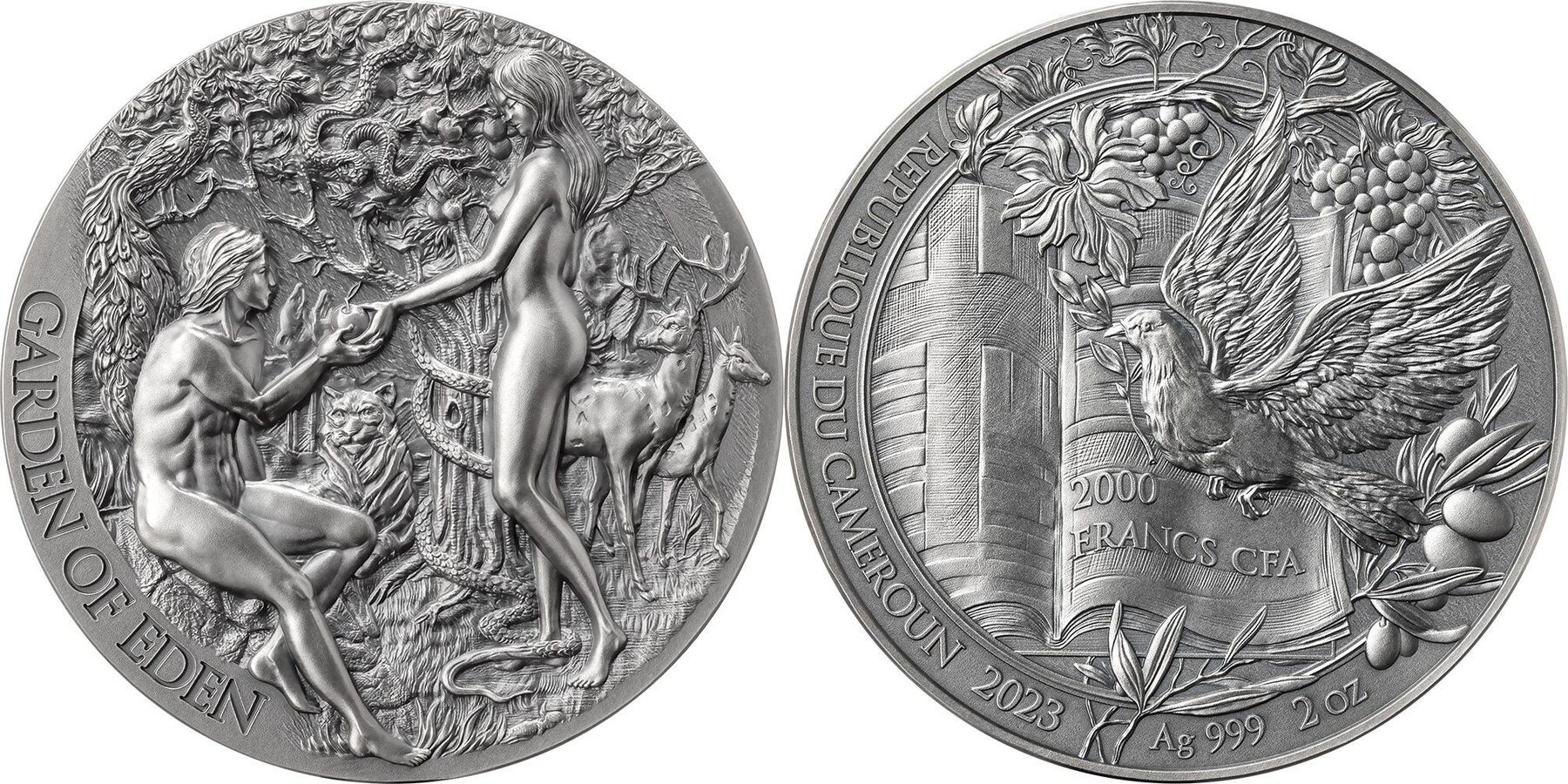 GARDEN OF EDEN Bible Stories 2 Oz Silver Coin 2000 Francs Cameroon 2023