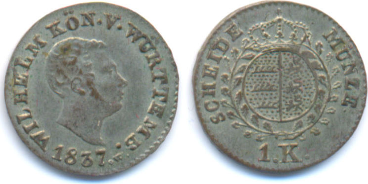 Württemberg 1 Kreuzer 1837 Wilhelm I 1816 1864 EF MA Shops