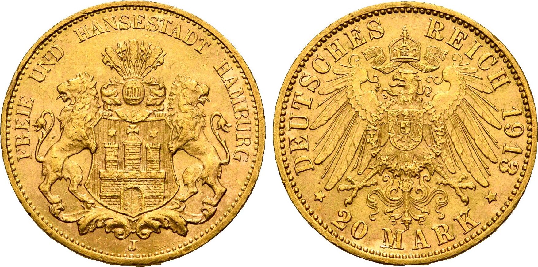 Kaiserreich Hamburg 20 Mark GOLD 1913 J UNC MA Shops