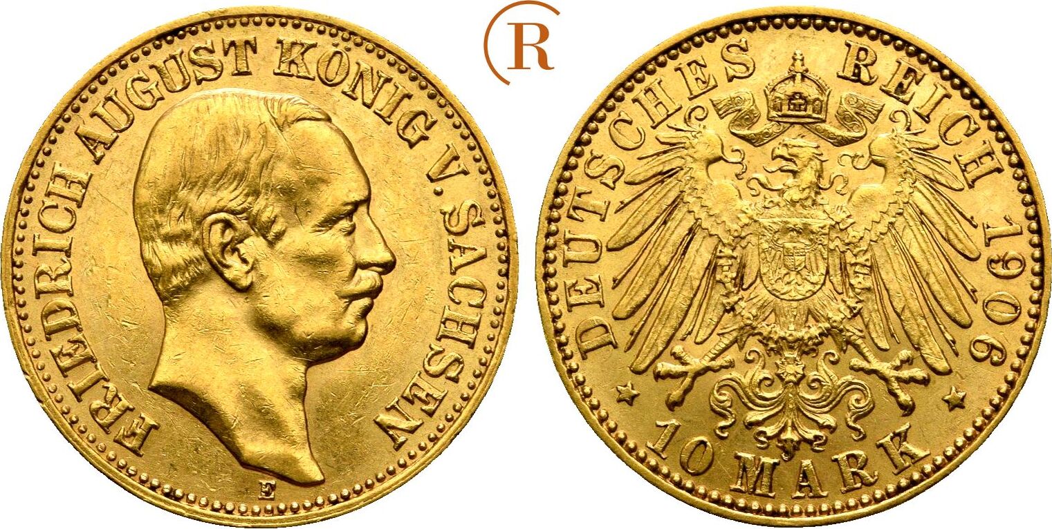 Kaiserreich Sachsen 10 Mark GOLD 1906 E Friedrich August III 1904