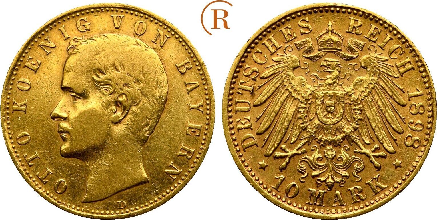 Kaiserreich Bayern 10 Mark GOLD 1898 D Otto 1886 1913 VF Kleiner