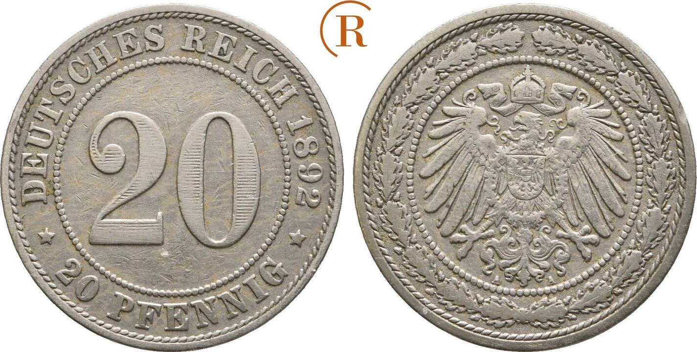 Kaiserreich 20 Pfennig 1892 A VF MA Shops