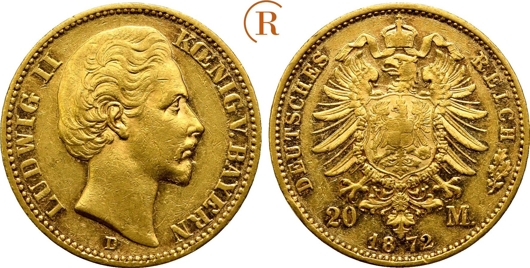 Kaiserreich Bayern 20 Mark GOLD 1872 D Ludwig II 1864 1886 EF UNC