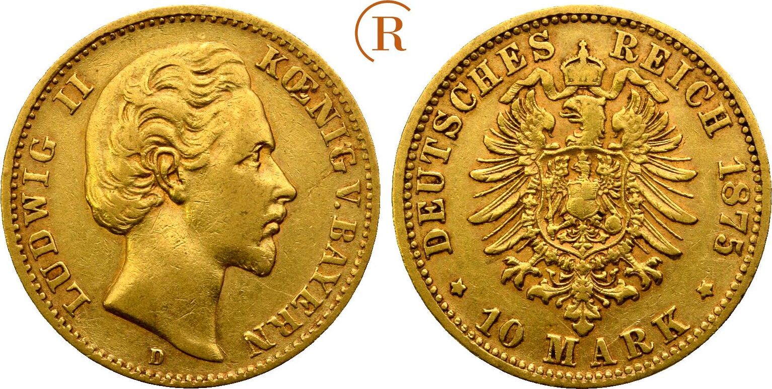 Kaiserreich Bayern 10 Mark GOLD 1875 D Ludwig II 1864 1886 VF MA