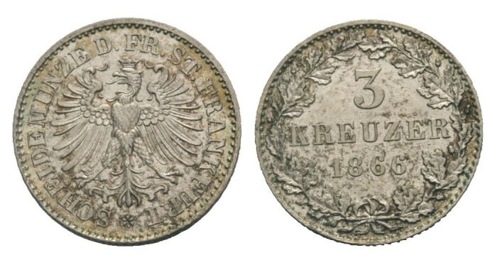 Frankfurt Stadtadler/Wert 3 Kreuzer 1866 Stempelglanz 