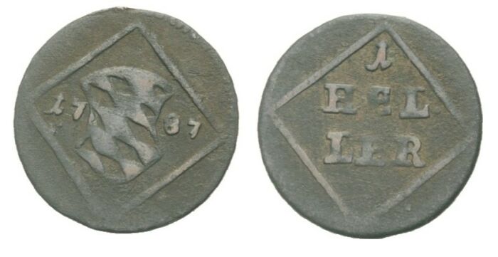 Kurfürstentum Bayern Karl Theodor, 1777 - 1799 Cu Heller 1787 sehr schön 