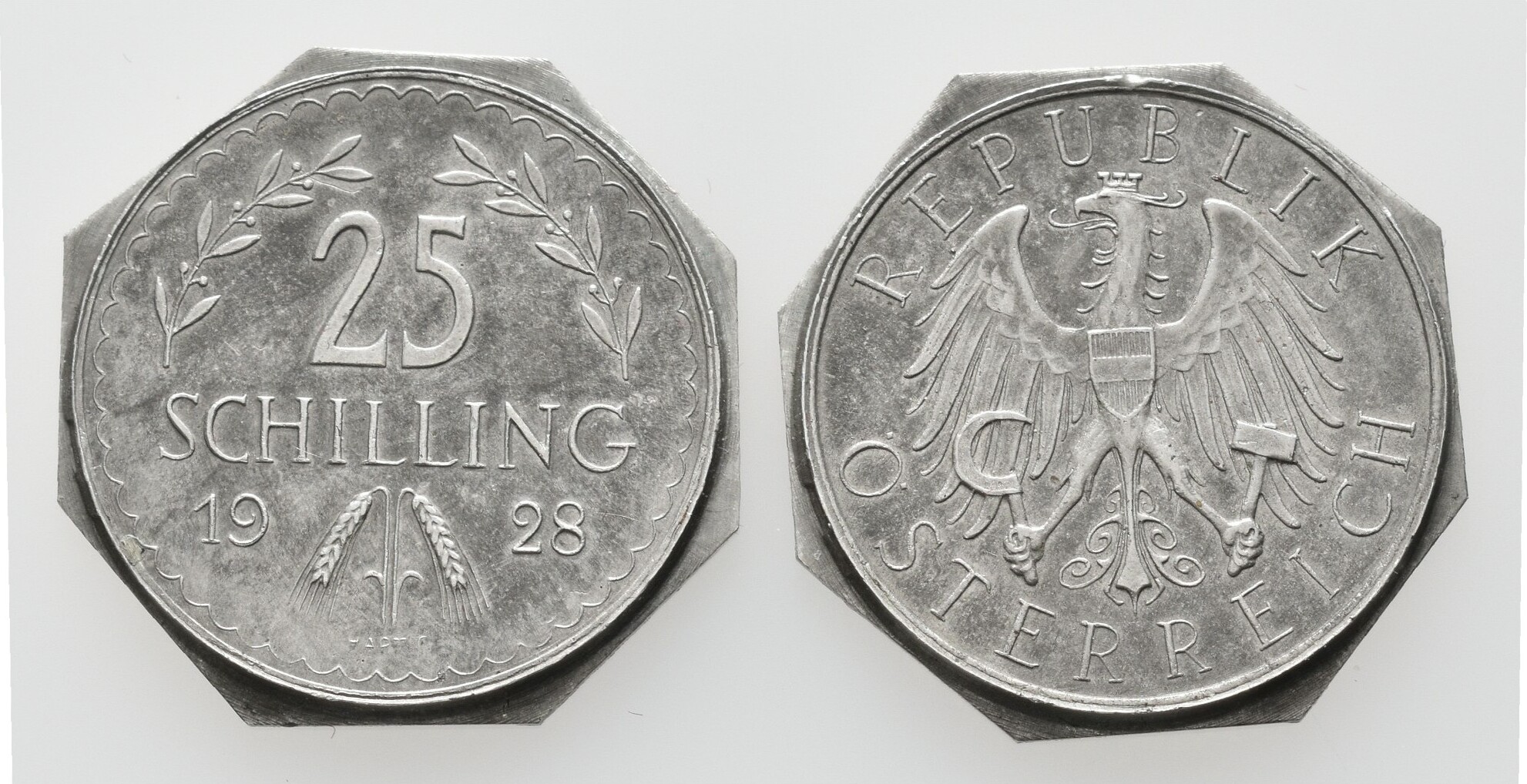 ÖSTERREICH PROBE 25 Schilling 1928 Lot 2 Stück 1 Republik achteckig