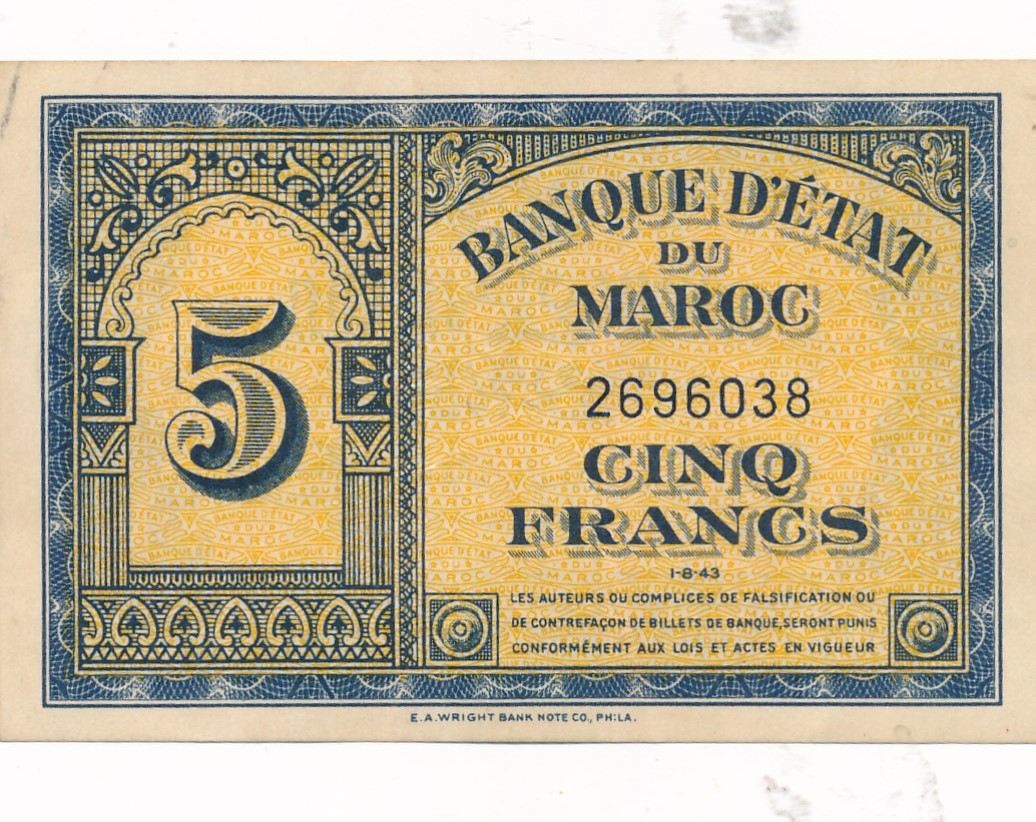 Marokko 5 Francs 1943 Geldschein Banknote Maroc UNC MA Shops