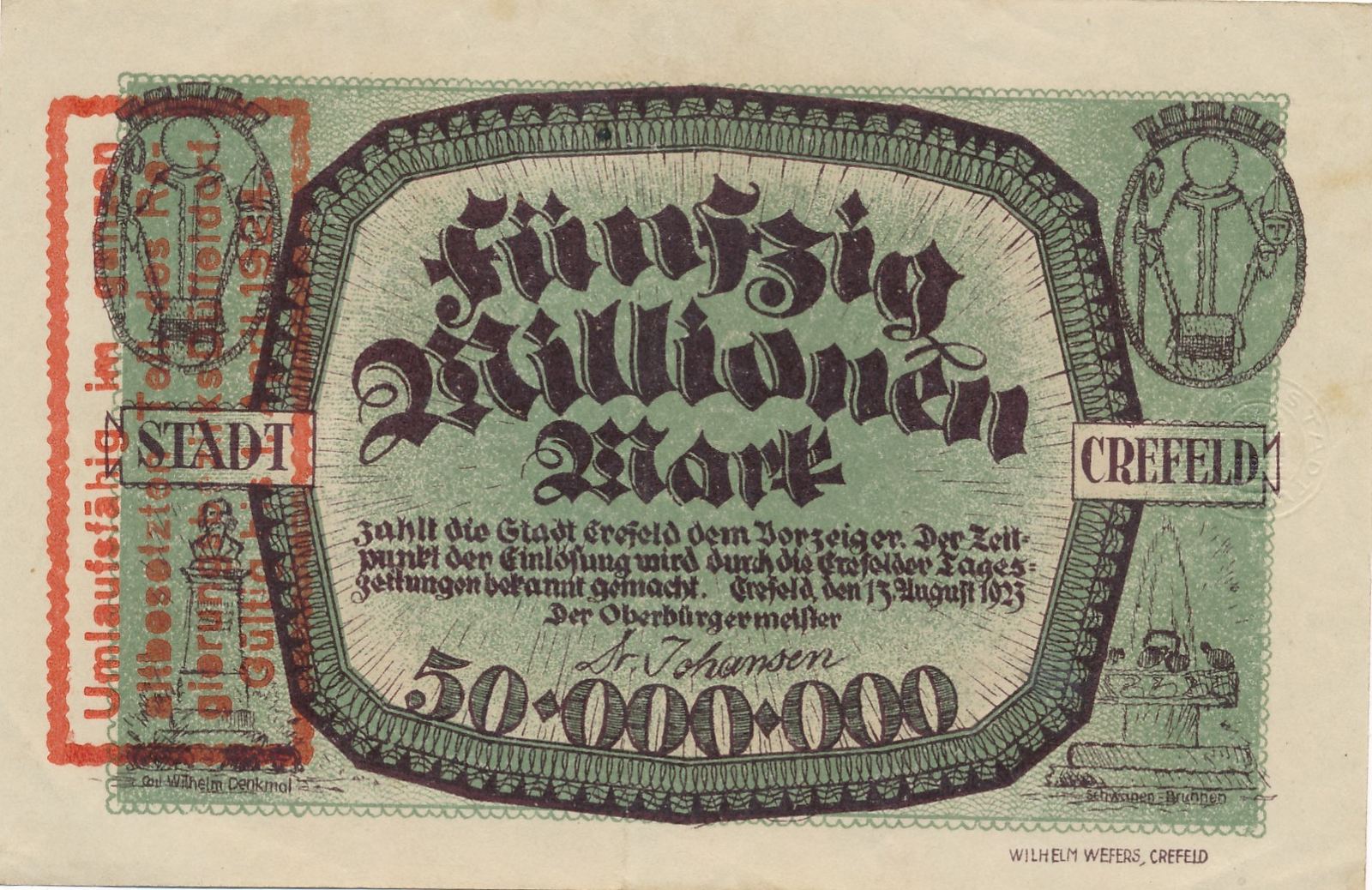 Deutschland 50 Millionen Mark 1923 Notgeldschein Notgeld Krefeld