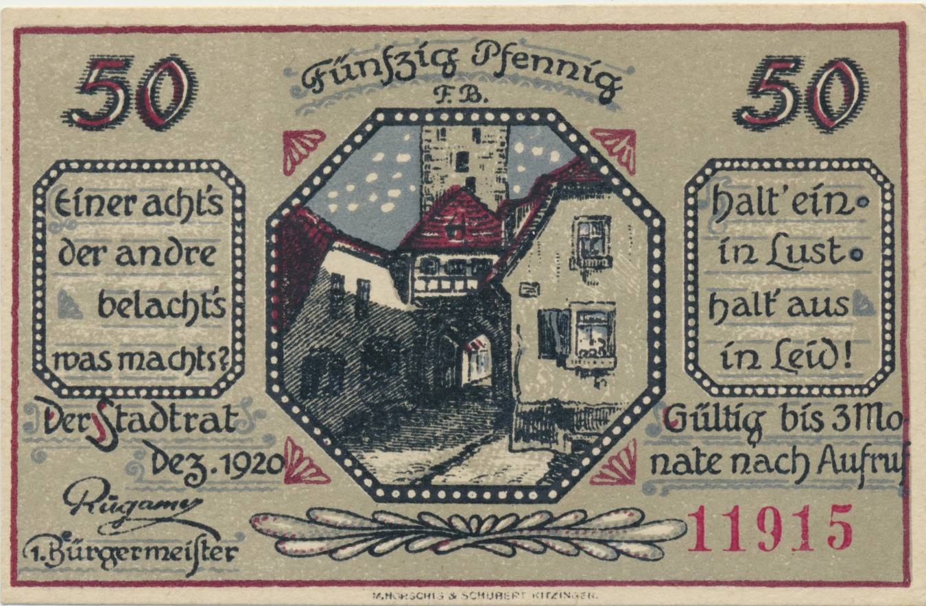 Mainbernheim 1920 Notgeldschein Der Stadt 50 Pfennig MA Shops