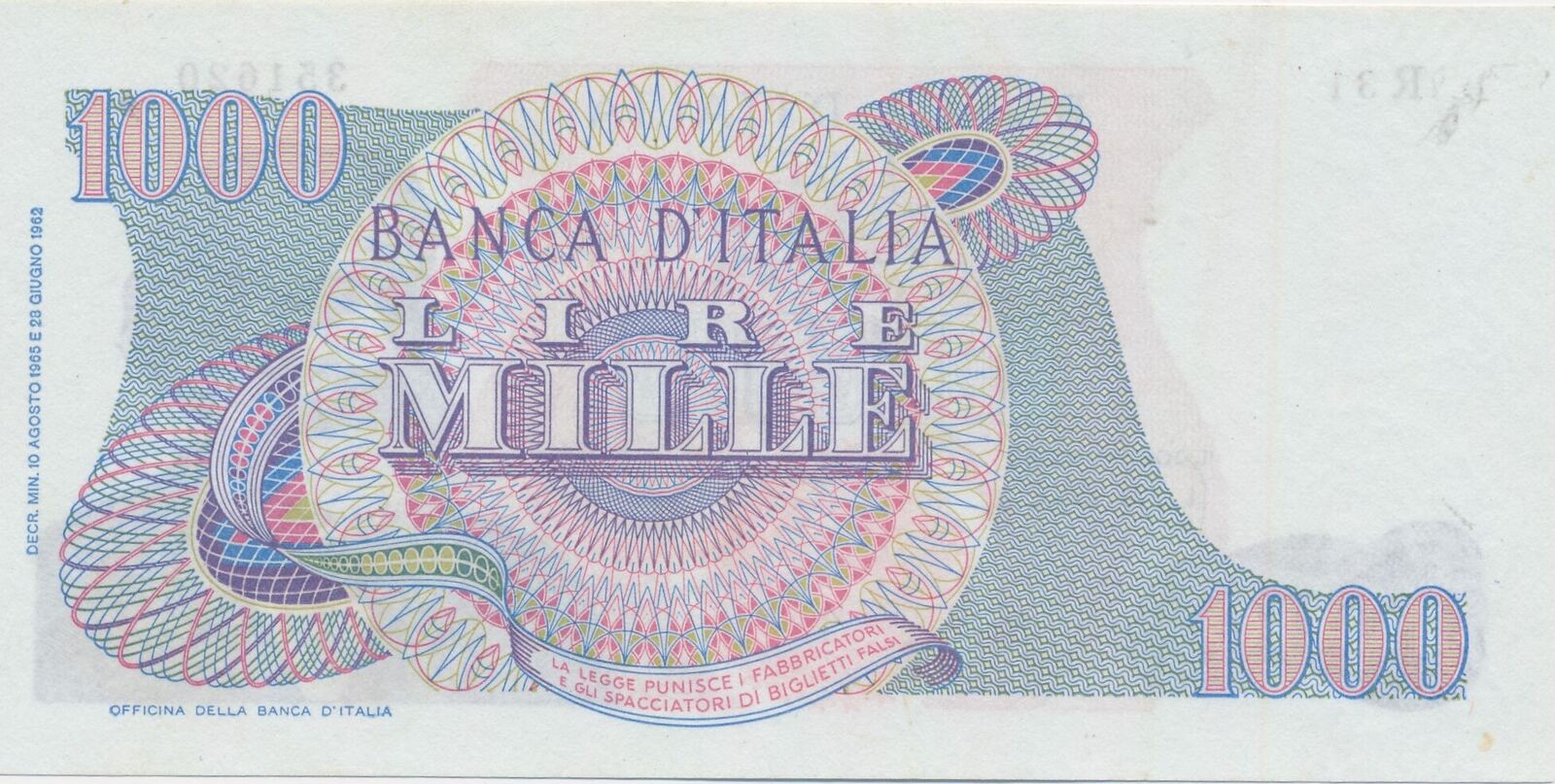 Italien 1000 Lire 10 08 1965 Banknote Geldschein Lire Mille Banca D