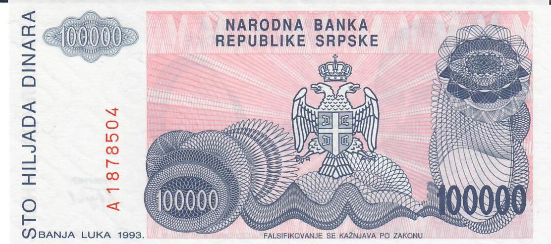 Bosnien Herzegowina 100000 Dinara 1993 Banknote Geldschein Unc MA Shops