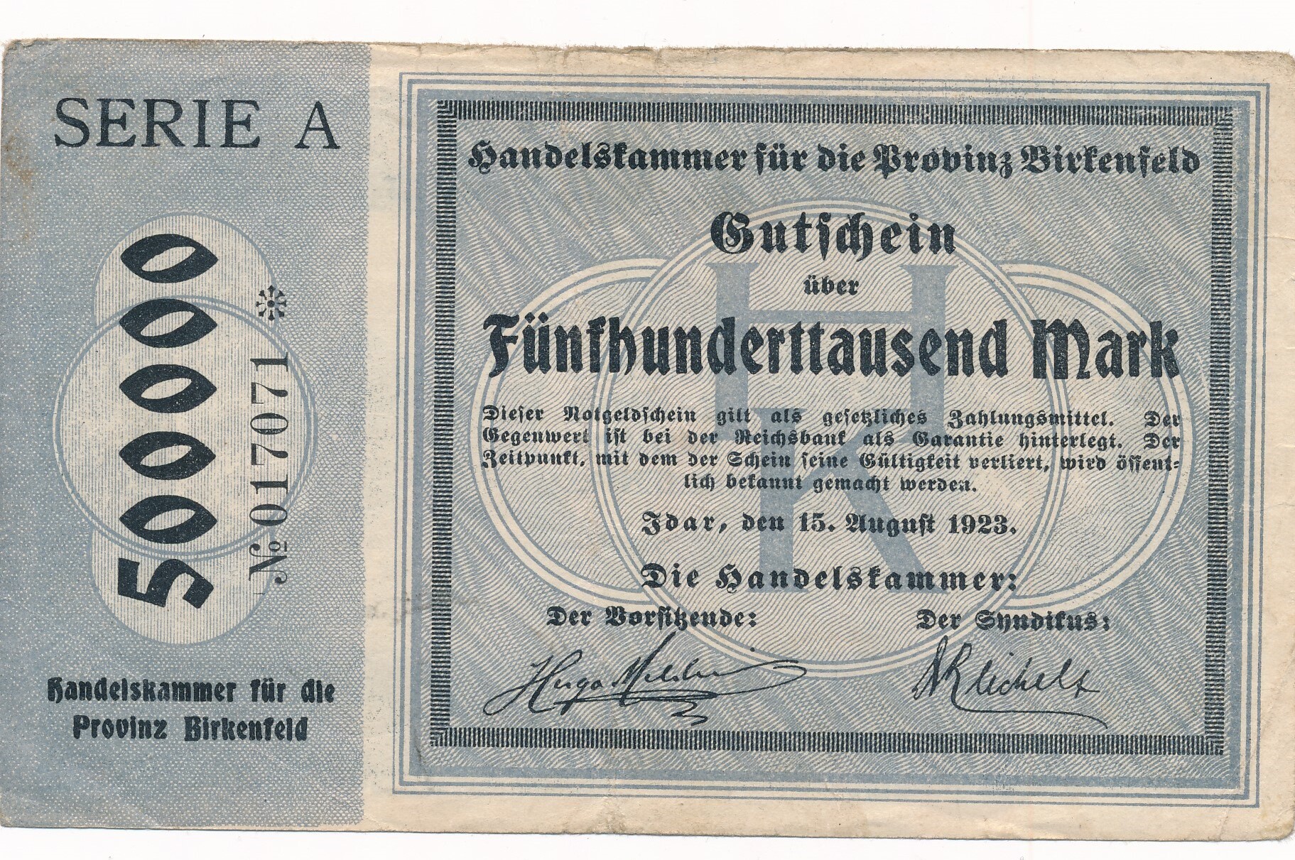 Deutschland Deutsches Reich 500 Tausend Mark 15 08 1923 Notgeldschein