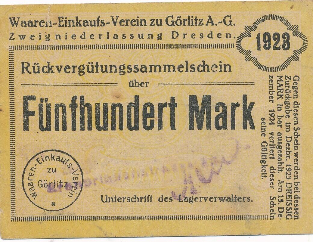 Deutschland Deutsches Reich 500 Mark 1923 Notgeld Görlitz Waren