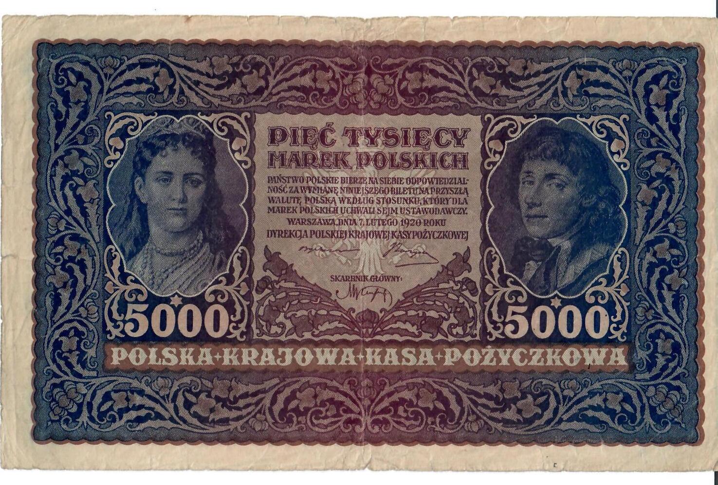 Polen 5000 Marek 1920 Banknote Geldschein V MA Shops