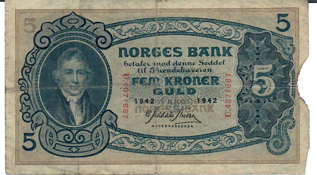 Norwegen 5 Kroner 1942 Banknote Geldschein V Riss MA Shops