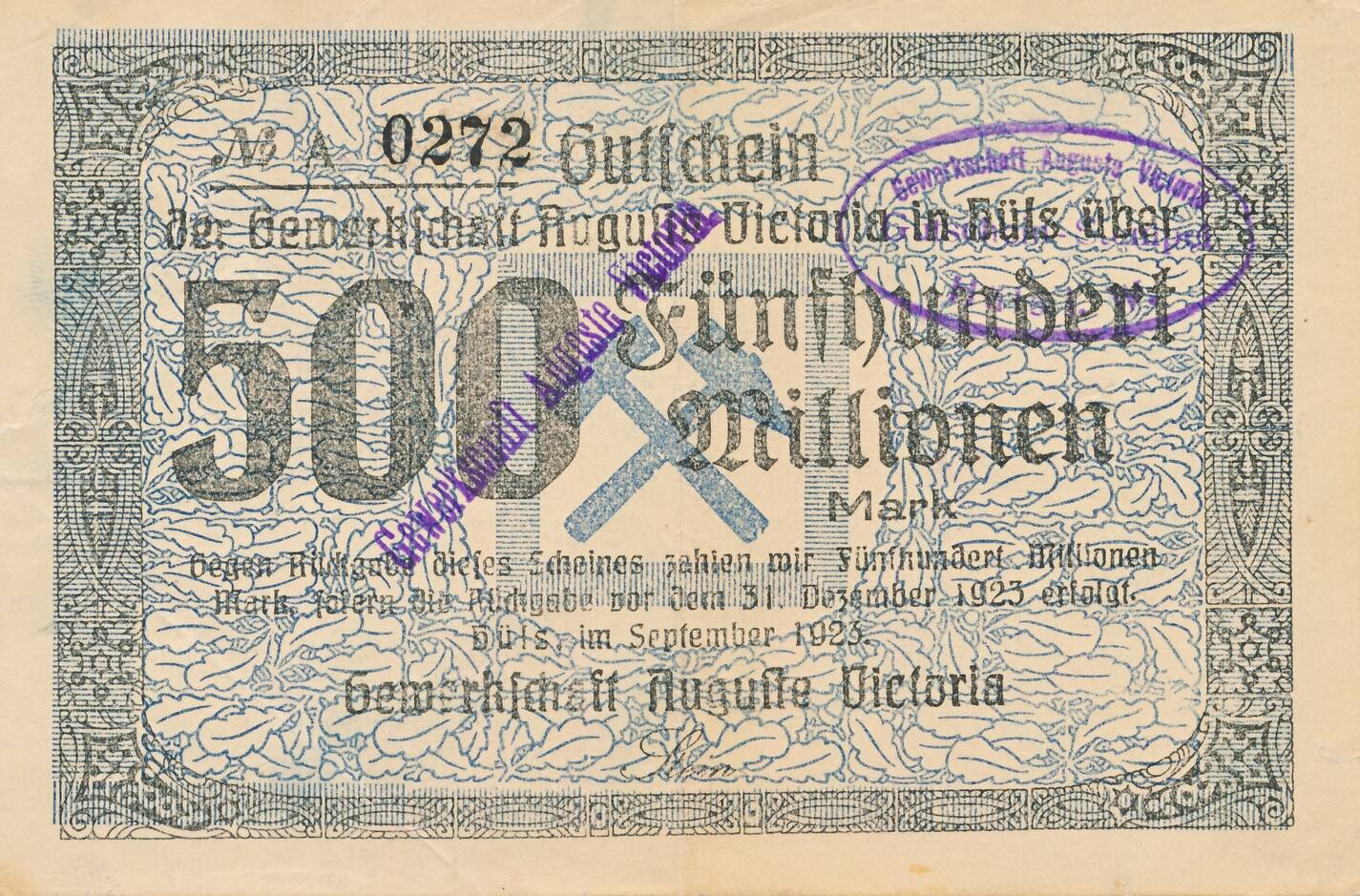 Deutschland Deutsches Reich 500 Millionen Mark 1923 Gutschein