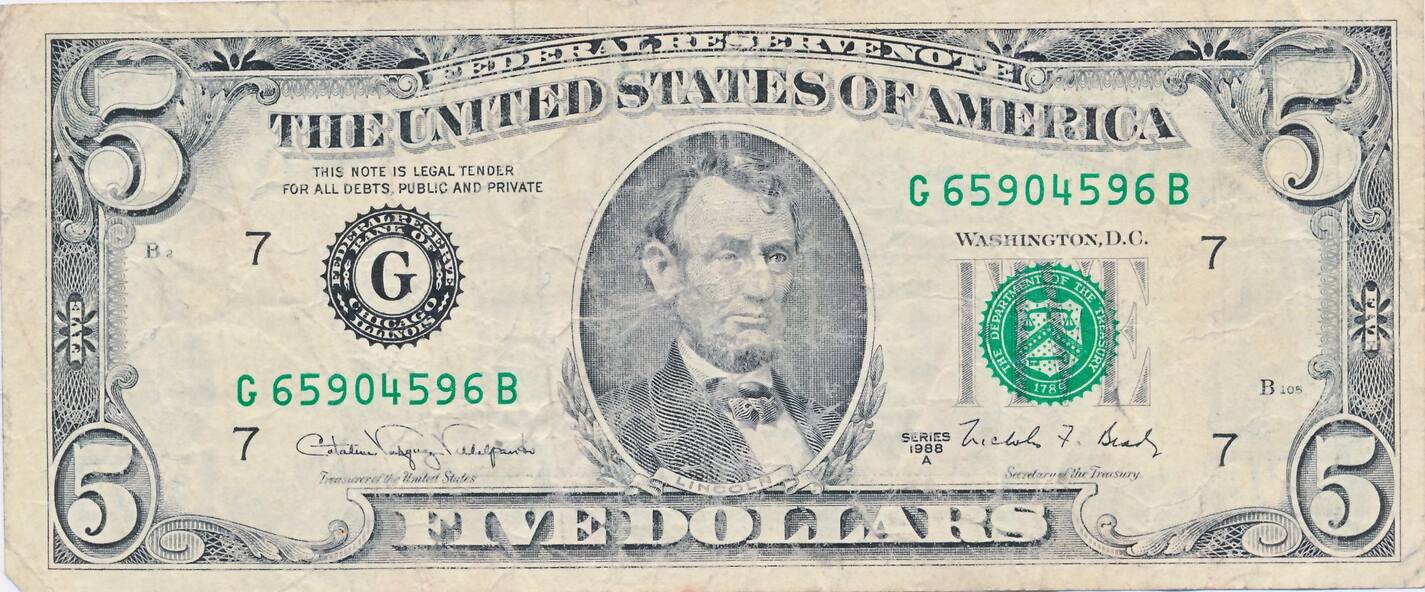 USA Vereinigte Staaten V Amerika 5 Dollars 1988A Geldschein